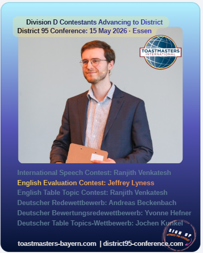 Jeffrey Lyness — Division D champion, English Evaluation Contest, at the District 95 Conference