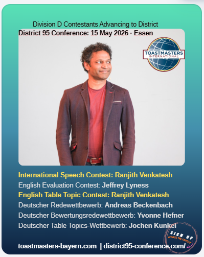 Ranjith Venkatesh — 2nd place at the District 95 Conference, International Speech Contest and English Table Topics Contest