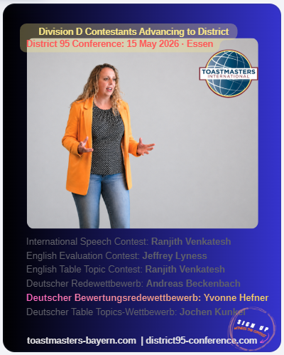Yvonne Hefner — 1st place, District 95 Champion, Deutscher Bewertungsredewettbewerb